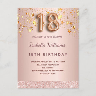 Carte Postale Étoiles de rose de 18e anniversaire or rose ballon