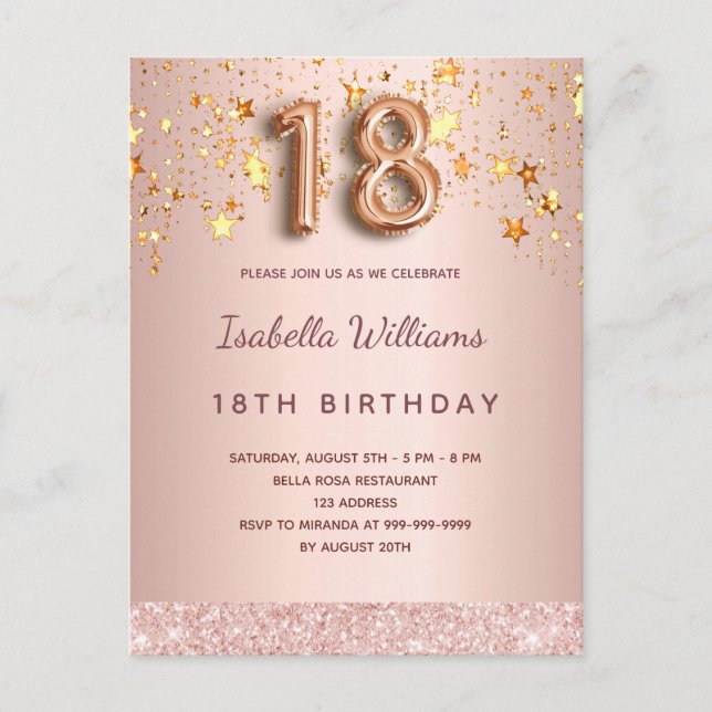 Carte Postale Étoiles de rose de 18e anniversaire or rose ballon (Devant)