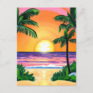 Carte Postale Etonnante aquarelle Palmiers coucher de soleil