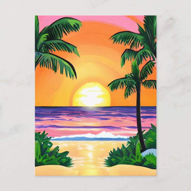 Carte Postale Etonnante aquarelle Palmiers coucher de soleil (Devant)