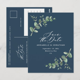 Carte Postale Eucalyptus élégant mariage bleu marine enregistrer