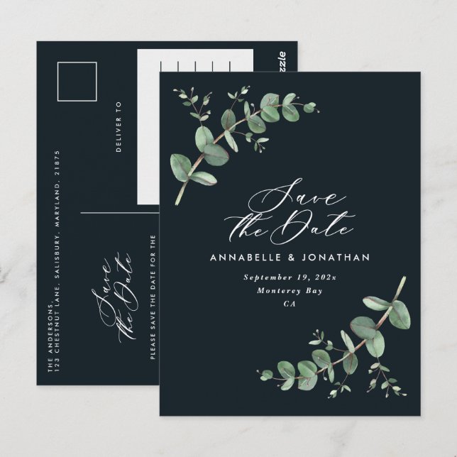 Carte Postale Eucalyptus élégant mariage noir enregistrer la dat (Devant / Derrière)