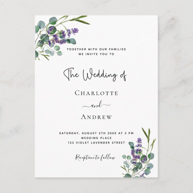 Carte Postale Eucalyptus lavande faire-part de mariage florale (Devant)