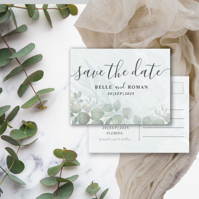 Carte Postale Eucalyptus rustique Sage vert Enregistrer la date (Créateur téléchargé)