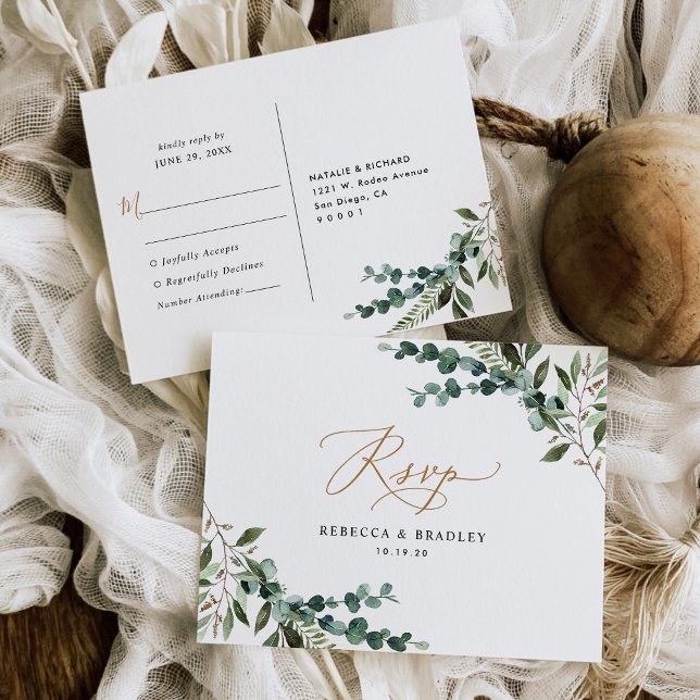 Carte Postale Eucalyptus Rustique Verdure Mariage d'or RSVP (Créateur téléchargé)