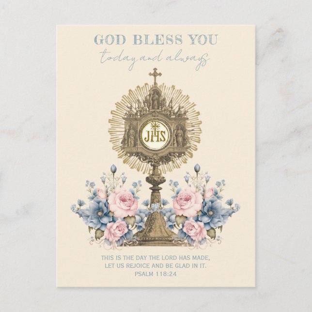 Carte Postale Eucharistie catholique Jésus Floral Bleu (Devant)