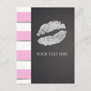 Carte Postale Événement Lèvres Faux Argent Strass Rayure Rose et