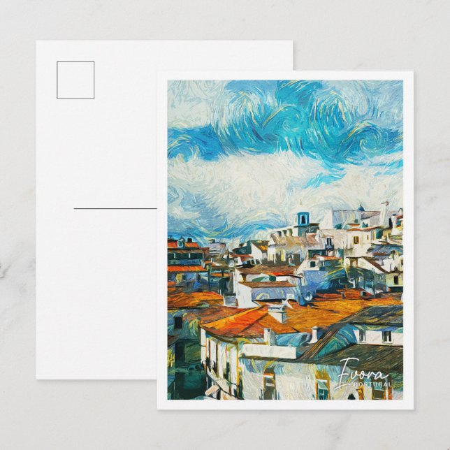 Carte Postale Evora Portugal Belle peinture à l'huile paysage (Devant / Derrière)