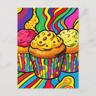 Carte Postale Explosion de Cupcakes Arc-en-Ciel Pop Art