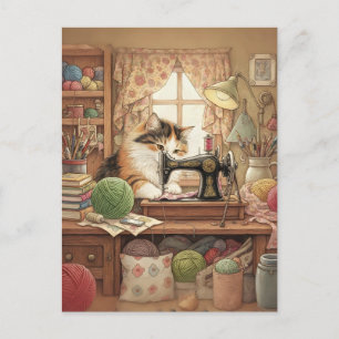 Carte Postale Facilement Distrait Par Les Chats Et La Couture -