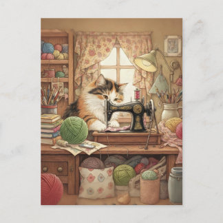 Carte Postale Facilement Distrait Par Les Chats Et La Couture -