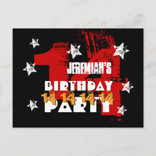 Carte Postale Faire-part 14e Anniversaire de fête Grunge ROUGE OR NOIR A04