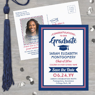 Carte Postale Faire-part 1 Photo Graduation Rouge Blanc & Bleu Enregistrez 