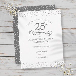 Carte Postale Faire-part 25th Anniversary Silver Love Hearts Save the Date