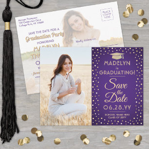 Carte Postale Faire-part 2 Photos Diplômé Enregistrer la Date Violet et Or