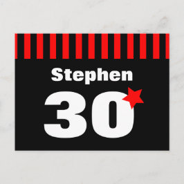 Carte Postale Faire-part 30e Anniversaire Rouge Noir Rayures et Étoile R12Z