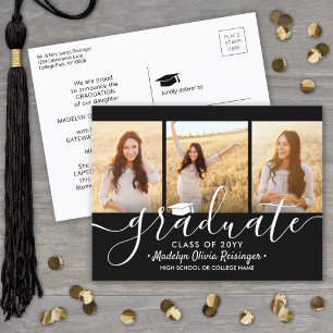 Carte Postale Faire-part 3 Collage photo Simple noir et blanc Graduation