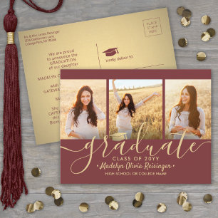 Carte Postale Faire-part 3 Photo Collage Script Burgundy & Gold Graduation