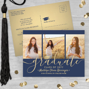Carte Postale Faire-part 3 Script de Collage Photo Bleu Marine & Or Graduat