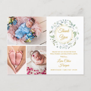 Carte Postale Faire-part 4 Photo Verdure Floral Or Merci bébé naissance 