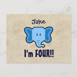 Carte Postale Faire-part 4ème Visage bleu mignon d'éléphant d'anniversaire