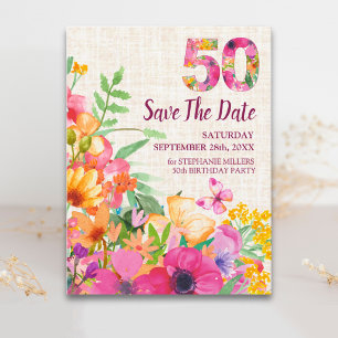 Carte Postale Faire-part 50 Ans Fleurs Floral Lin 50ème Anniversaire