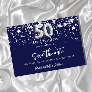 Carte Postale Faire-part 50e anniversaire bleu marine étoiles argentées enr