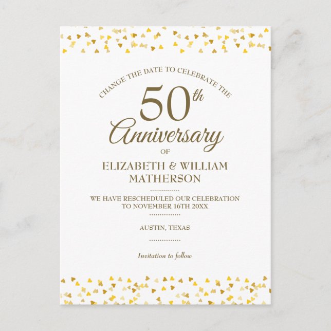 Carte Postale Faire-part 50e Anniversaire Golden Hearts Changez la Date (Devant)
