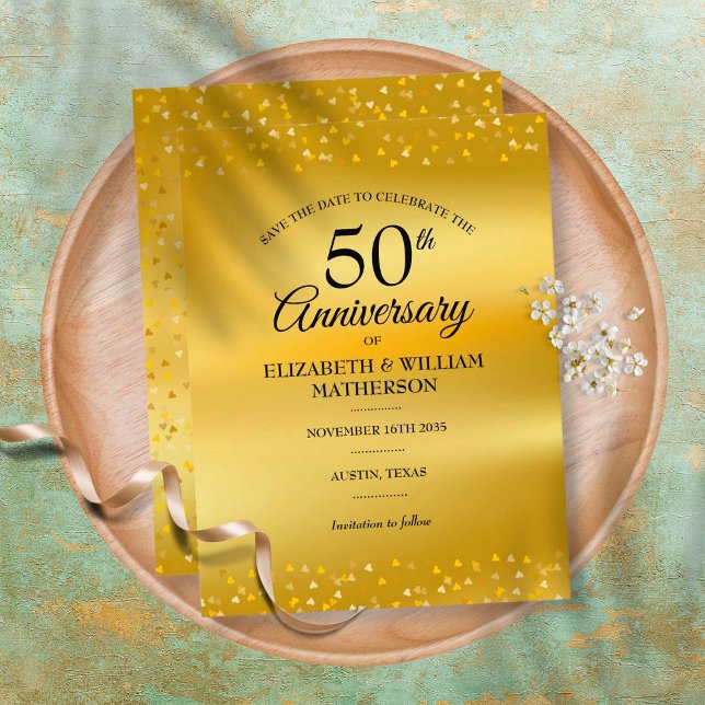 Carte Postale Faire-part 50e anniversaire GoldHearts Foil Enregistrer la da (Créateur téléchargé)