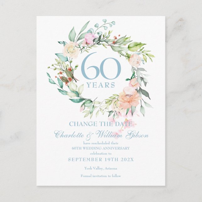 Carte Postale Faire-part 60e anniversaire Changer la date Floral Rose (Devant)