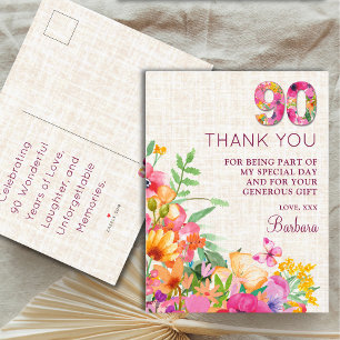 Carte Postale Faire-part 90 ans Fleurs Linge 90e anniversaire Merci