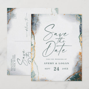 Carte Postale Faire-part Abstrait Ethereal Green Gold Wedding Enregistrer L