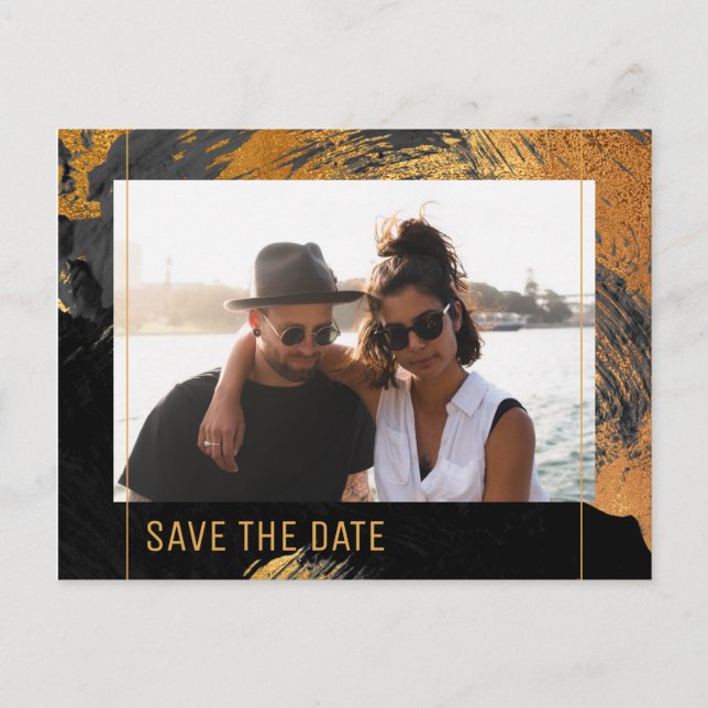 Carte Postale Faire-part Abstrait moderne peinture or script photo mariage (Devant)