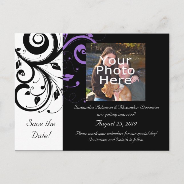 Carte Postale Faire-part Accent blanc violet noir violet Enregistrer la car (Devant)
