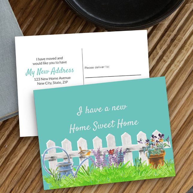 Carte Postale Faire-part Accueil Sweet Home White Picket Fence Ma nouvelle  (New Address postcard with idyllic cottage garden scene)