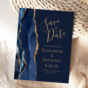 Carte Postale Faire-part Agate moderne Marine Blue Gold Enregistrer la date