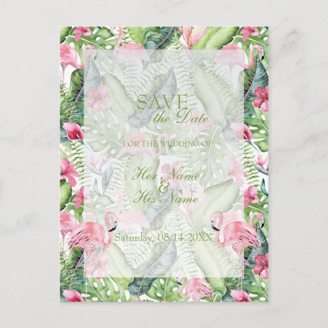 Carte Postale Faire-part Aloha Flamant rose Plage tropicale SAVE la date (Devant)