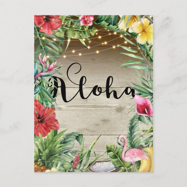 Carte Postale Faire-part Aloha Tropical Wood Floral Feuilles & Lumières Été (Devant)