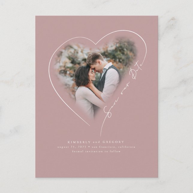 Carte Postale Faire-part Amour Cœur Élégant Minimal Enregistrer La Date Pho (Devant)