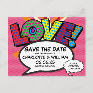 Carte Postale Faire-part AMOUR Sauvegarder la Date Fun Rétro Bande Dessinée