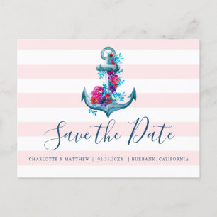 Carte Postale Faire-part Ancre Aquarelle Rose Nauticale Enregistrer La Date