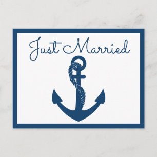 Carte Postale Faire-part Ancre bleue de la marine juste mariée