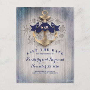 Carte Postale Faire-part Ancre dorée nautique save the date