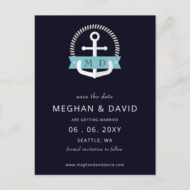 Carte Postale Faire-part Ancre marine moderne Monogramme nautique Mariage E (Devant)