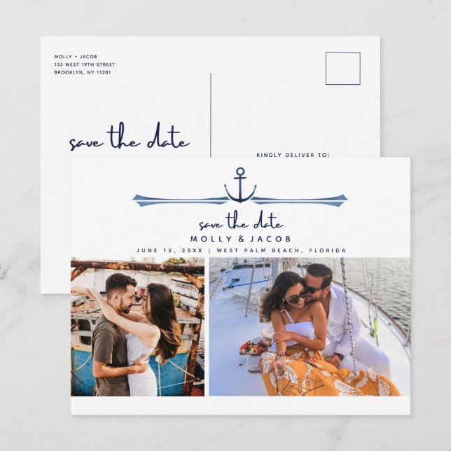 Carte Postale Faire-part Ancre nautique Deux mariages photo Enregistrer la  (Devant / Derrière)
