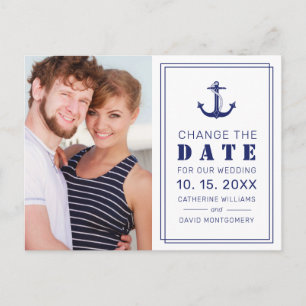 Carte Postale Faire-part Ancre nautique Mariage bleu Modifier la date