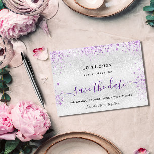 Carte Postale Faire-part Anniversaire argent violet paillettes save the dat