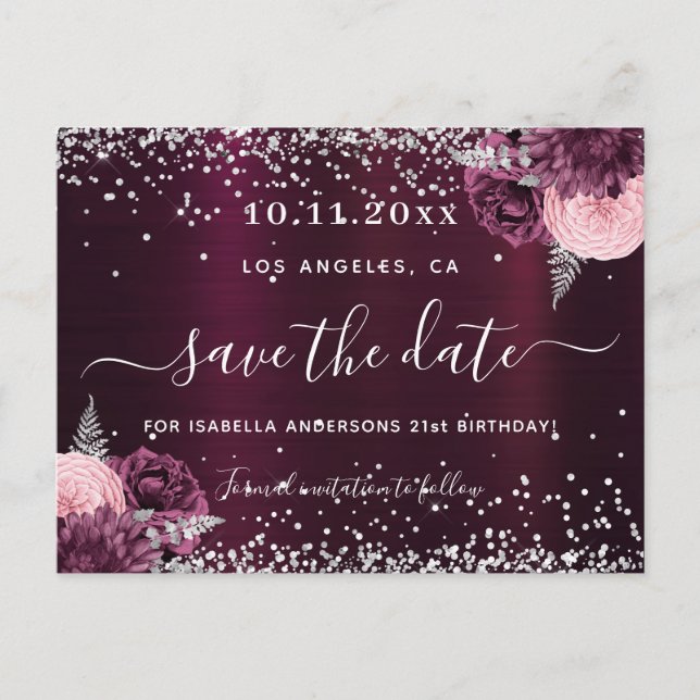 Carte Postale Faire-part Anniversaire bordeaux argent floral enregistrer la (Devant)