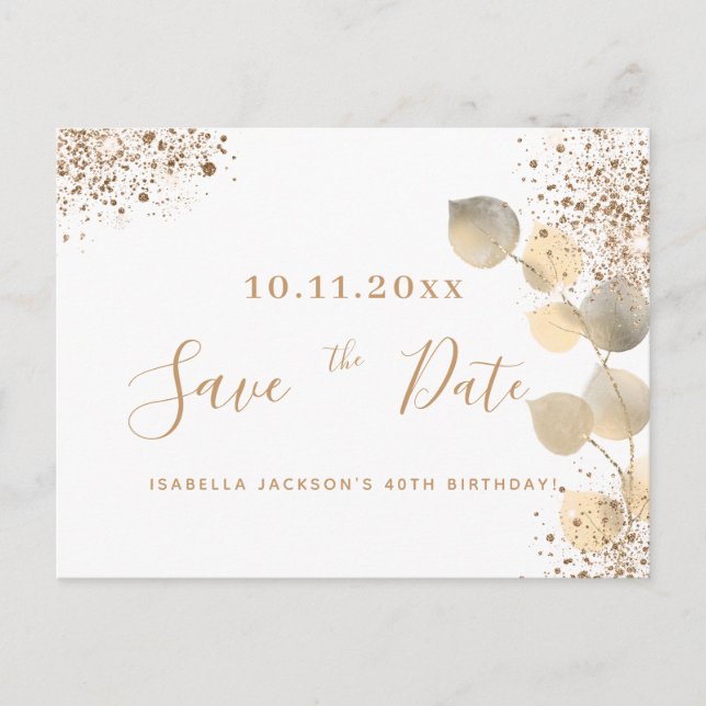 Carte Postale Faire-part Anniversaire or eucalyptus parties scintillant enr (Devant)
