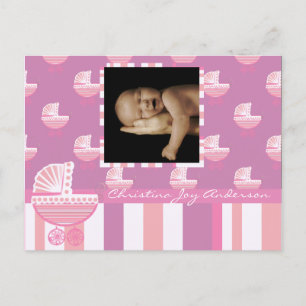Carte Postale Faire-part Annonce de Bébé Fille - Poussette Bébé Rose